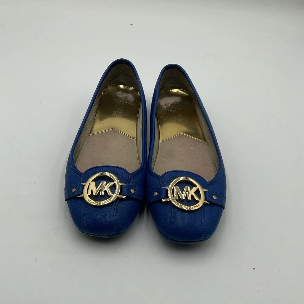 MICHAEL KORS 8.5 Fulton Ballet Flats Blue Saffiano Driving Moc Leather Gold Logo